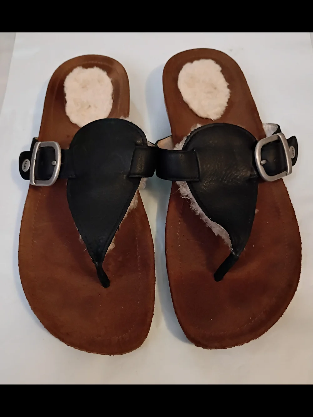 UGG Black Leather Shearling-Trim Thong Sandals with Brown Footbed